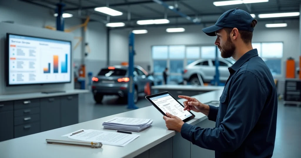 Mecânico organizando ordens de serviço em oficina automotiva com tablet e carro no elevador ao fundo