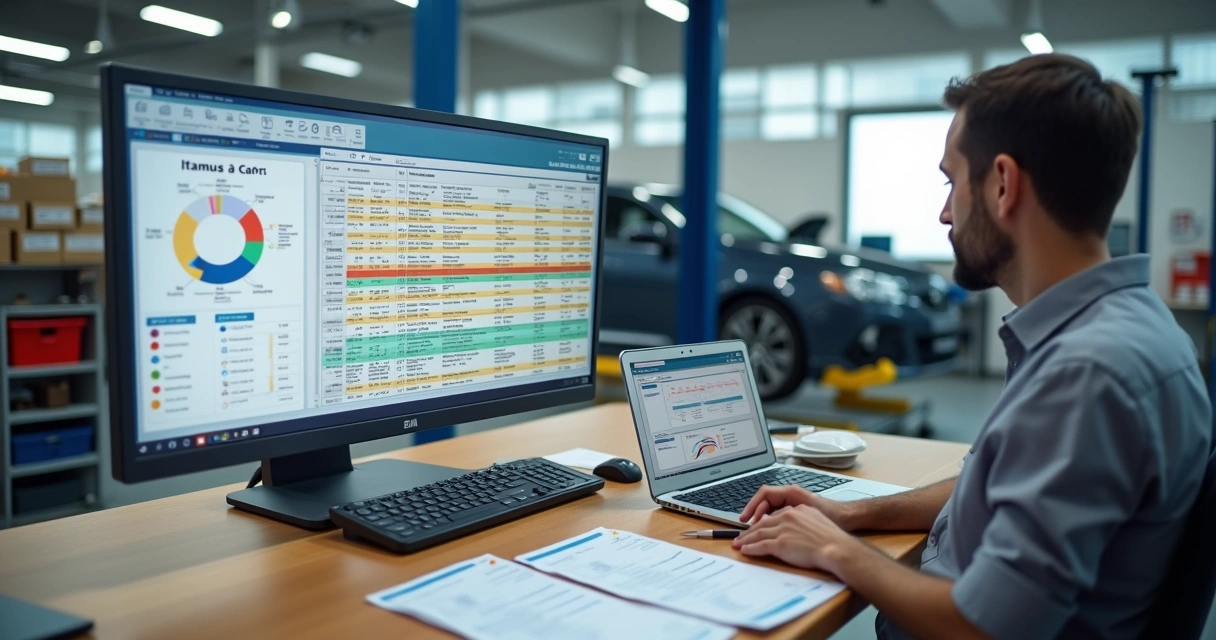 Gestor automotivo analisando tabela CFOP em notebook na oficina mecânica