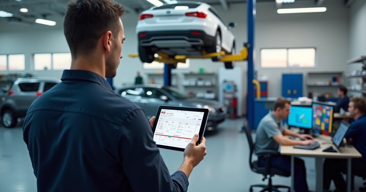 Mecânico usando sistema de ordem de serviço em tablet dentro de oficina automotiva moderna