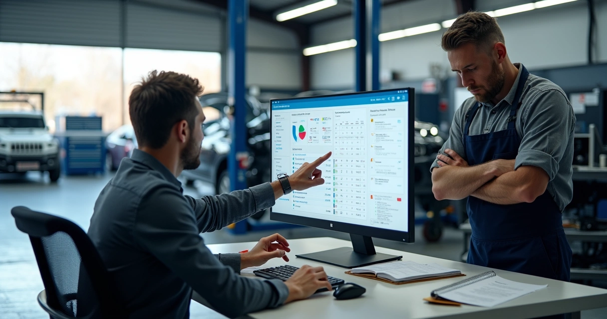 Mecânico e gestor usando computador com sistema fiscal em oficina mecânica moderna