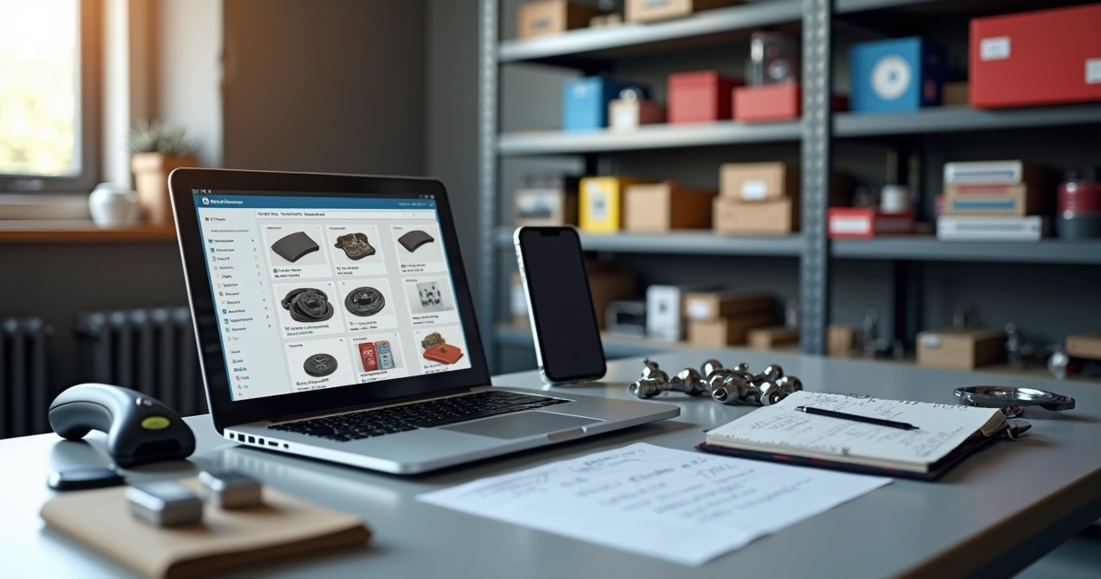 Empresário organizando venda de peças automotivas em loja online no notebook