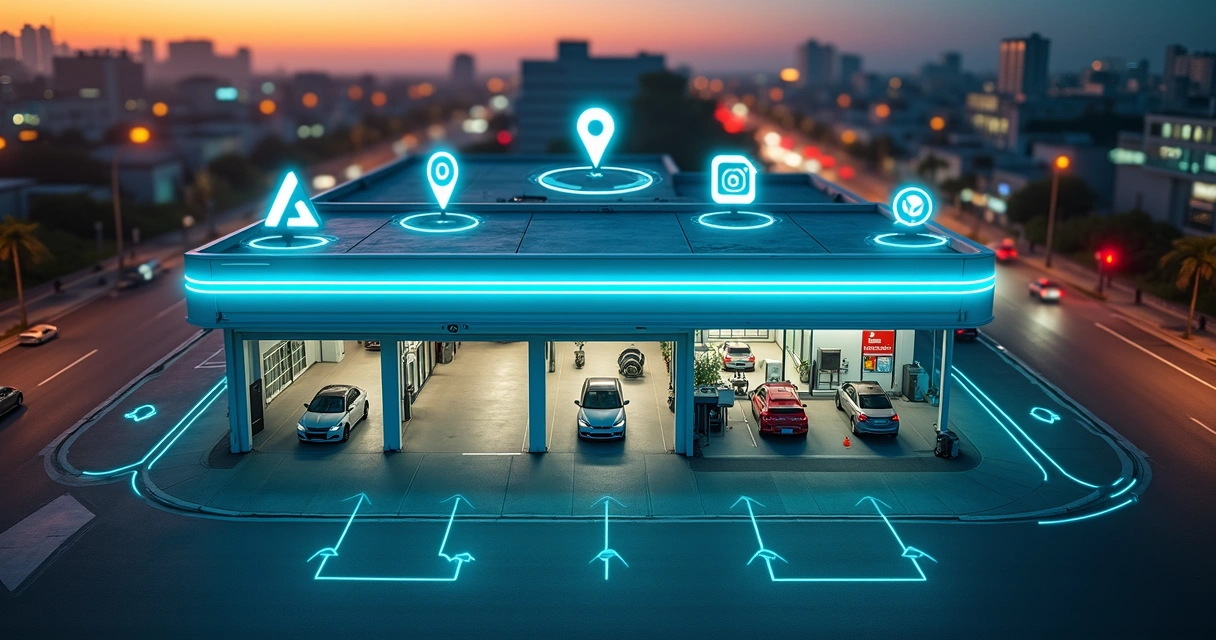 Vista aérea de autocenter movimentado com ícones digitais de anúncios e localização