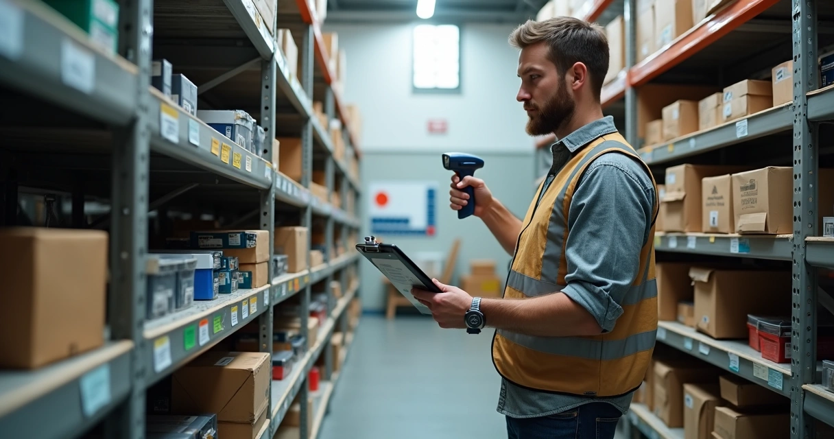 Funcionario organizando pequeno estoque de autopeças com etiquetas e leitor de código de barras