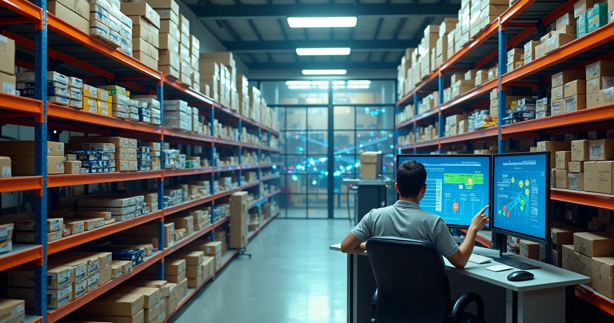 Visão ampla de estoque de autopeças com telas digitais integradas ao fundo