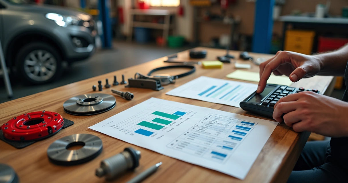 Gestor de oficina alinhando peças de carro sobre gráficos financeiros coloridos