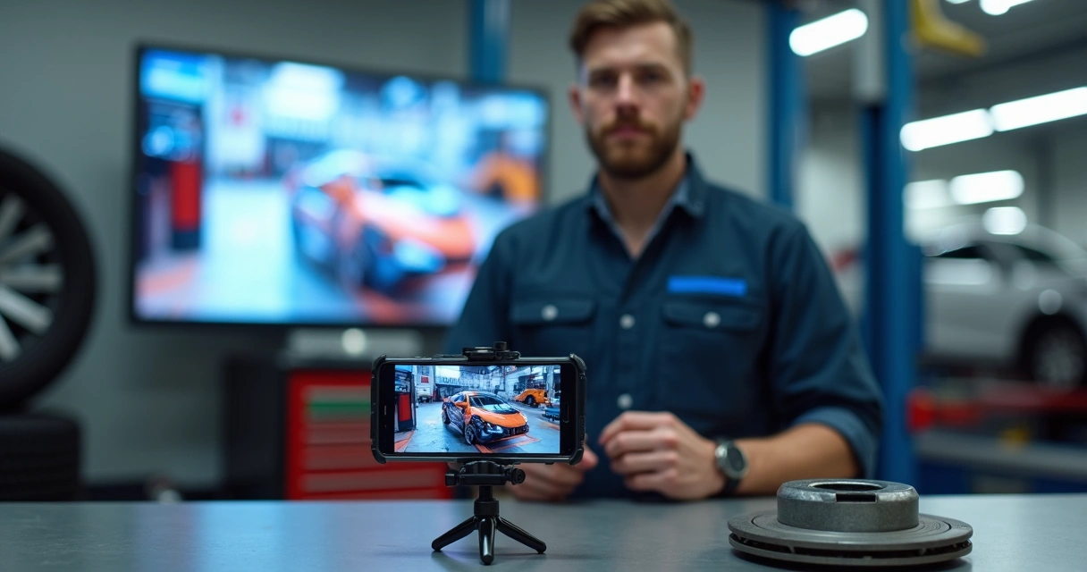 Mecânico em bancada de oficina filmando vídeo curto para redes sociais