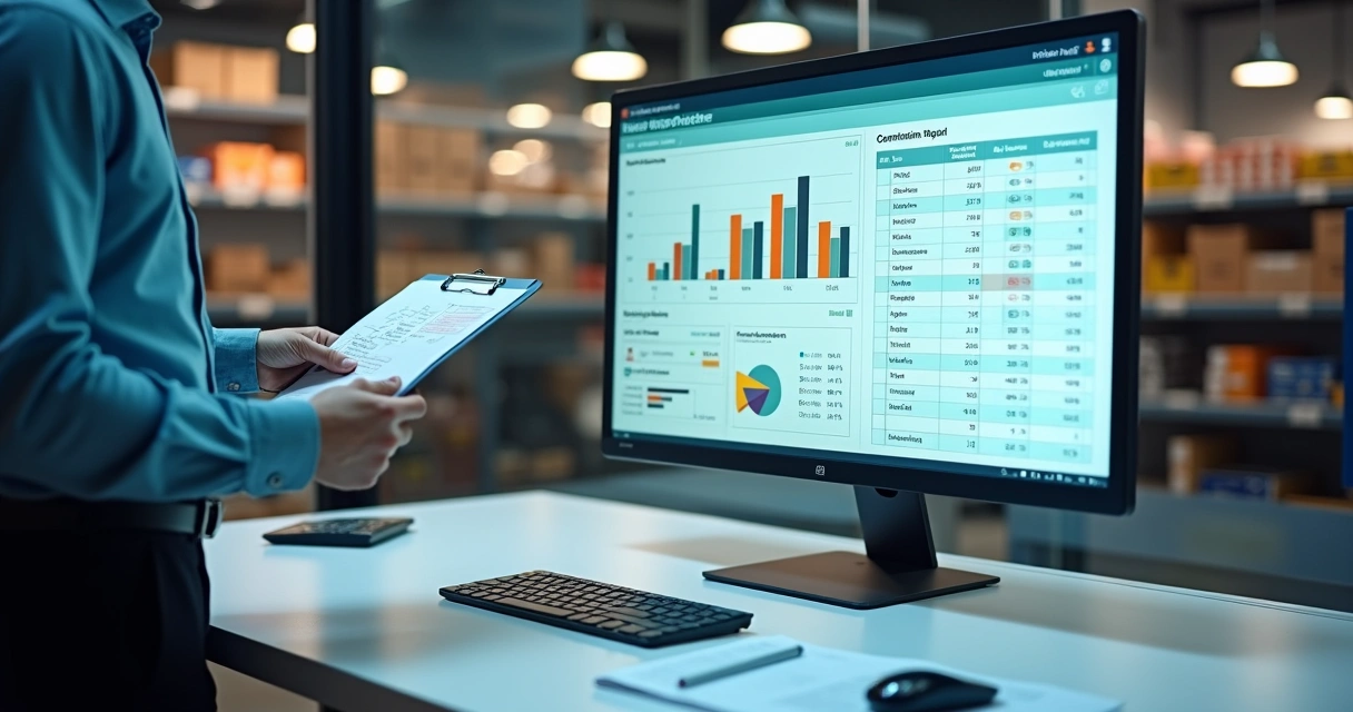 Gestor de autopeças analisando painel de comissões por vendedor em tela grande de monitor profissional