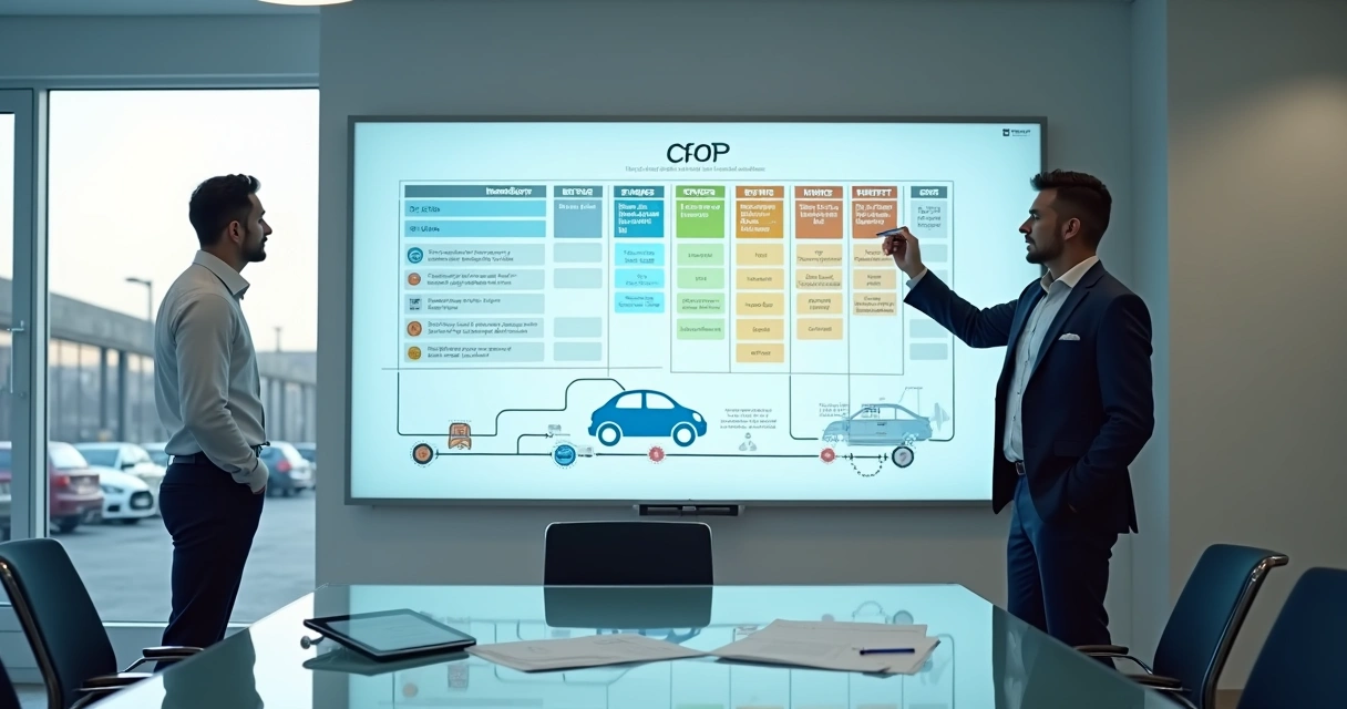 Consultor explicando CFOP de autopeças em quadro branco digital