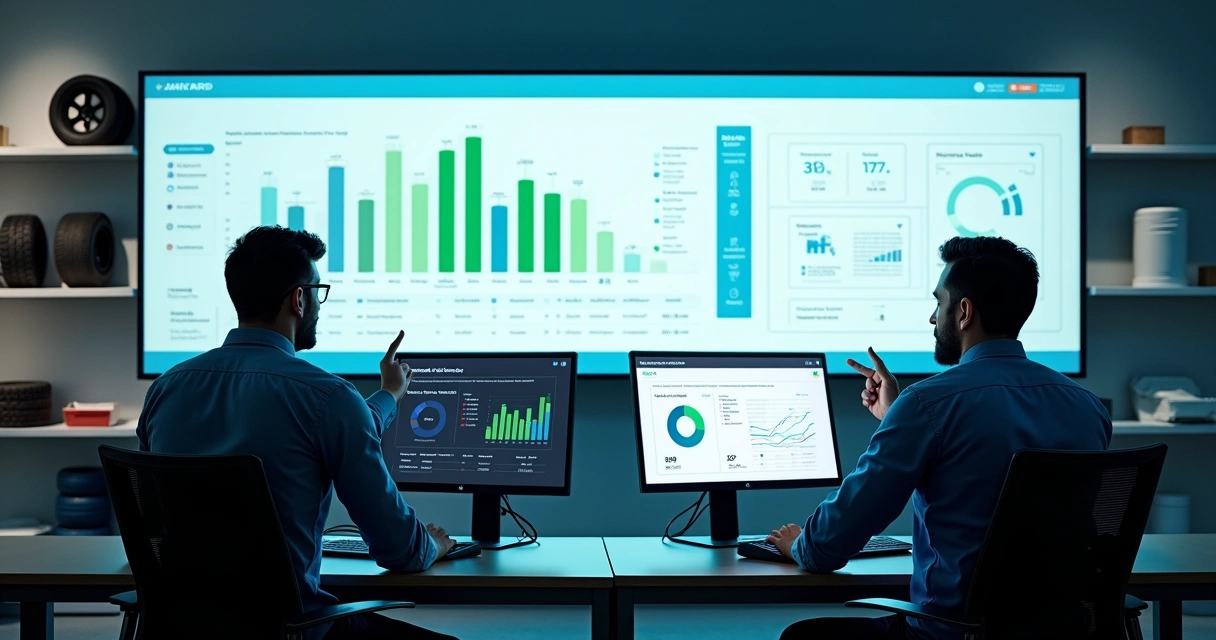 Painel comparativo de sistemas ERP automotivos em tela grande de autocenter