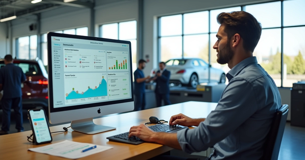 Gestor de autocenter vendo alertas de manutenção recorrente no computador