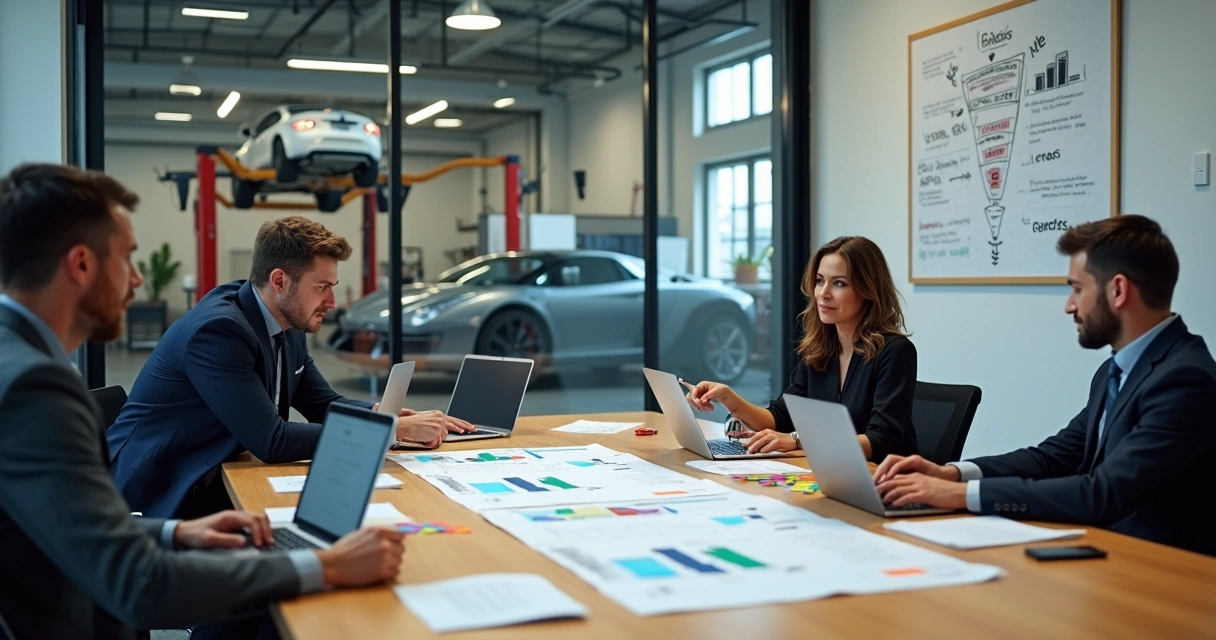Equipe de autocenter em reunião analisando estratégias de marketing com gráficos na parede