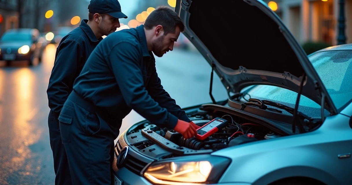 Mecânico testando bateria descarregada no cofre do motor aberto